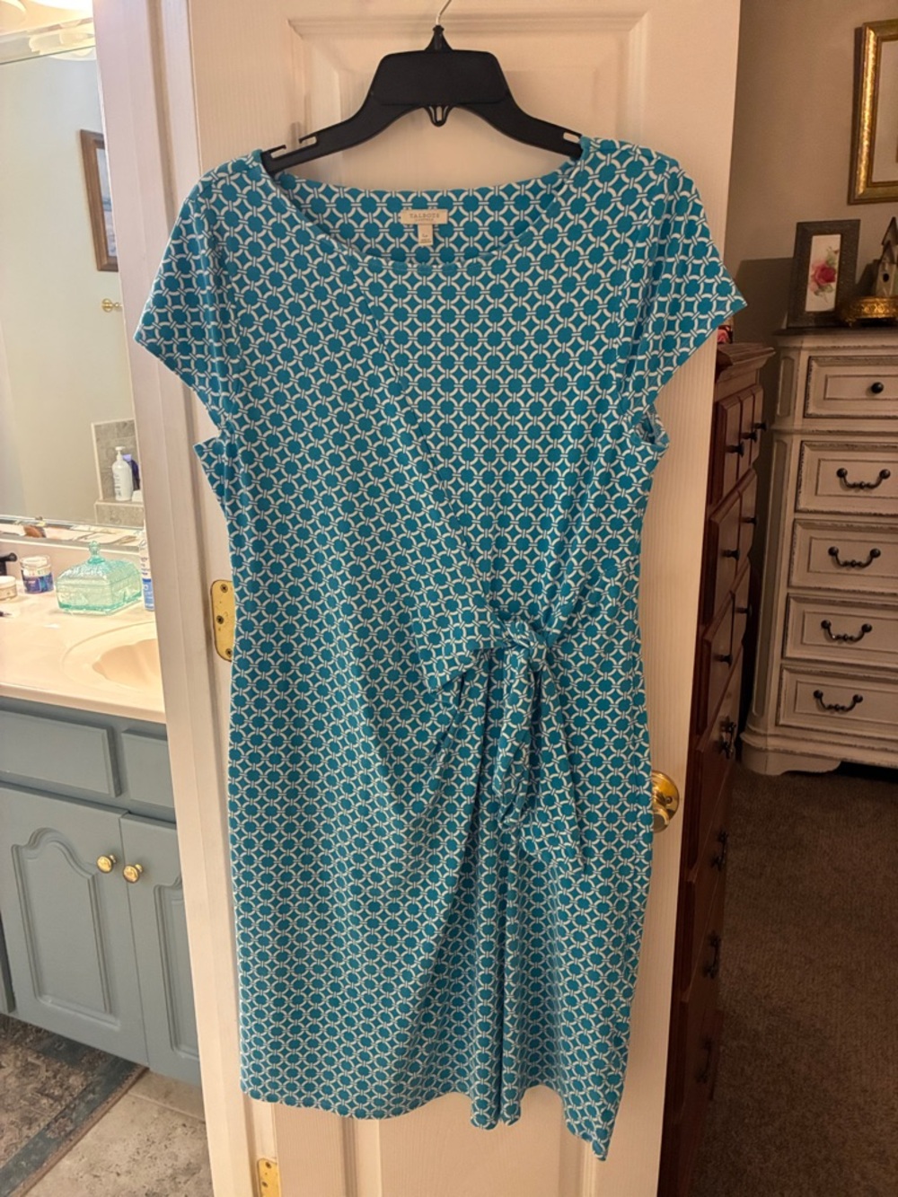 Talbots Teal & White Patterned Tie-Waist Stretch Knit Dress SZ LP
